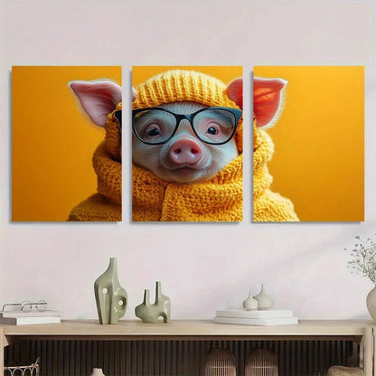 3pcs Whimsical Vibrant Animal Pig Glasses Colorful Metal Print Ready to Hang Art