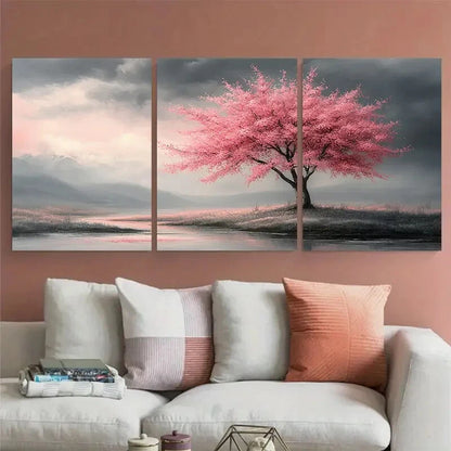 3pcs Serene Pink Blossom Tree Greyscale Design Metal Print Ready to Hang Art