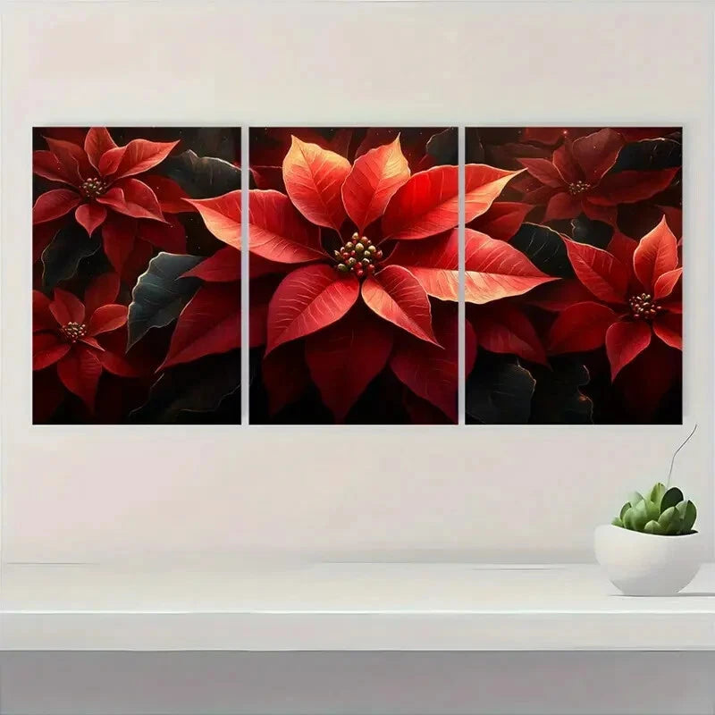 3pcs Red & Green Vibrant Poinsettia Metal Print Ready to Hang Art