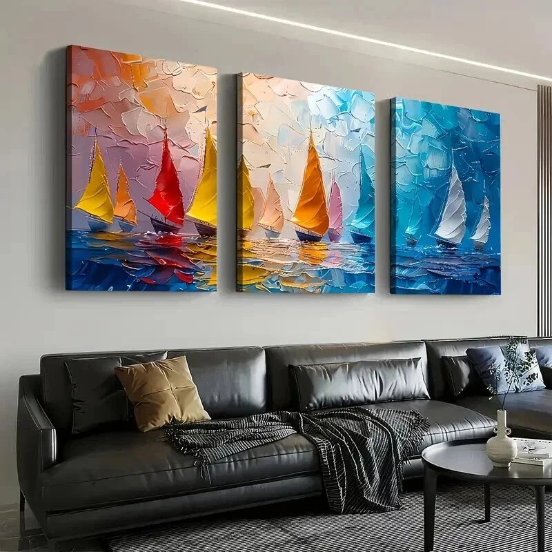 3pcs Modern Abstract Sailing Landscape Wall Art Set Canvas Framed 40x60cm - High Quality Print 100% Australian Made Wall Canvas Ready to Hang