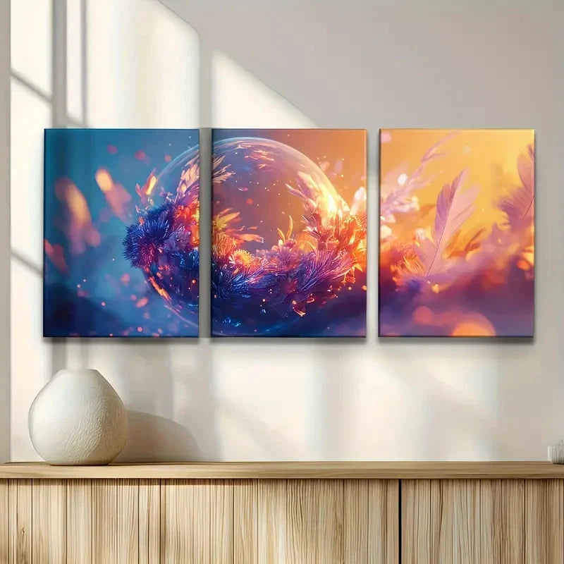 3pcs Feather Floral Design Metal Print Ready to Hang Art