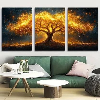 3pcs Radiant Nature Inspired Golden Tree of Life Metal Print Ready to Hang Art