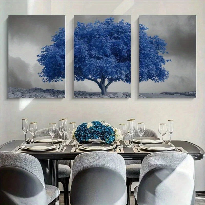 3pcs Blue Tree Surreal Vibrant Metal Print Ready to Hang Art