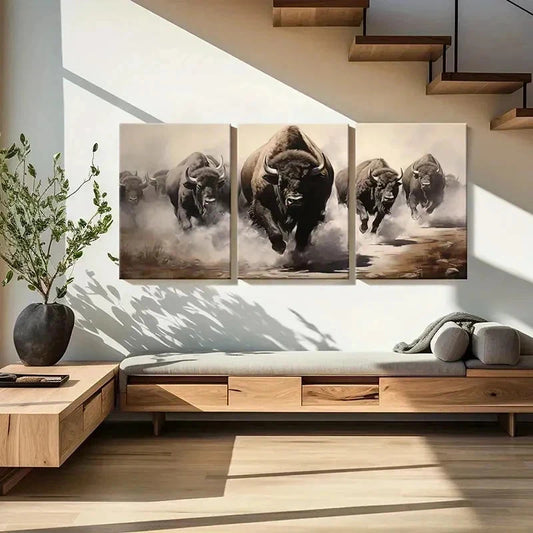 3pcs Running Bison Group Animal Painting Wall Art Set Canvas Framed 40x60cm - High Quality Print 100% Australian Made Wall Canvas Ready to Hang