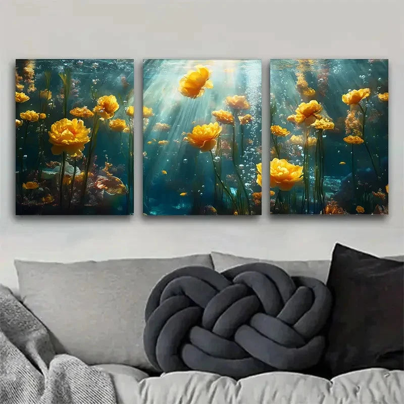 3pcs Underwater Vibrant Yellow Roses in Sunlight Metal Print Ready to Hang Art