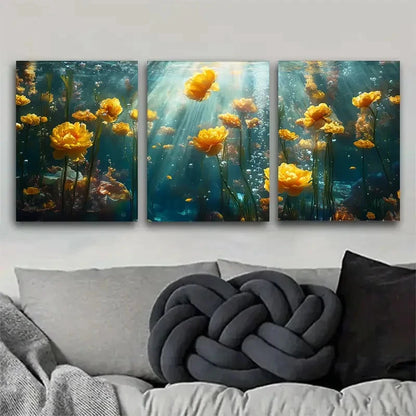 3pcs Underwater Vibrant Yellow Roses in Sunlight Metal Print Ready to Hang Art
