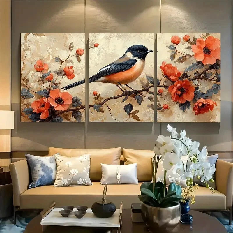 3pcs Vibrant Bird and Florals Aesthetics Design Metal Print Ready to Hang Art