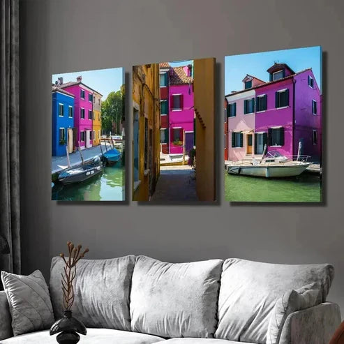 3pcs Colorful Venice Burano Island Canal Scene  Wall Art Set Canvas Unframed - High Quality Print 100% Australian Made Wall Canvas