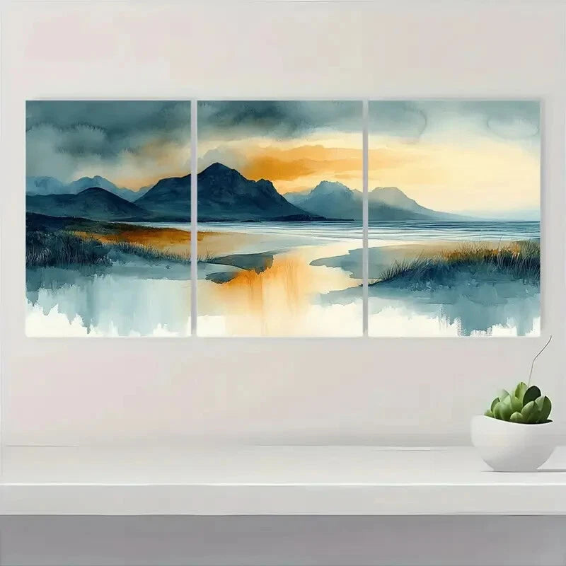 3pcs Abstract Landscape with Mountains Watercolor Metal Print Ready to Hang Art