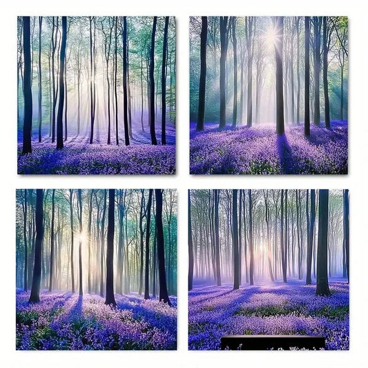 4pcs  Enchanting Forests with Purple Lavender Flo Wall Art Canvas Framed