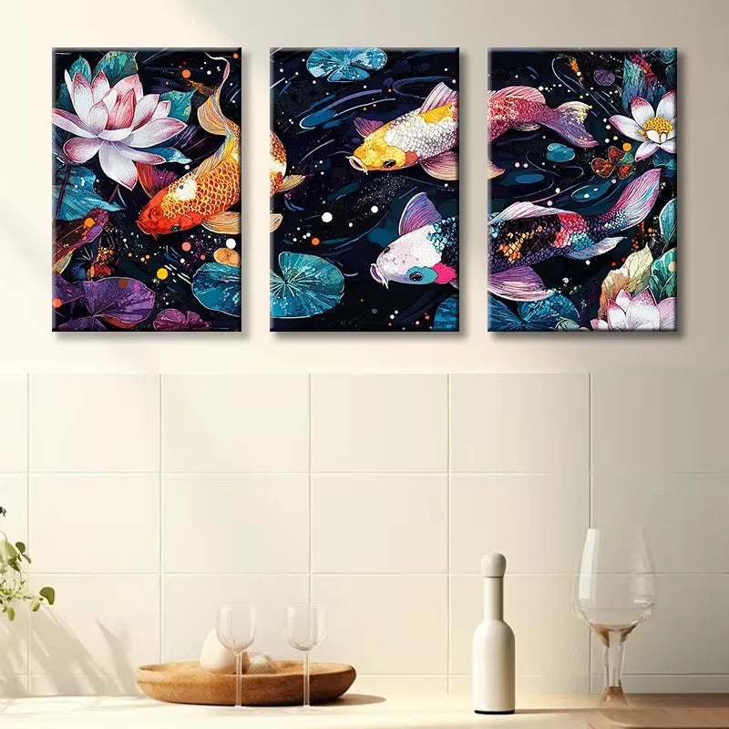 3pcs Colorful koi in the Water Illustration Wall Art Set Canvas Framed 60x90cm - High Quality Print 100% Australian Made Wall Canvas Ready to Hang