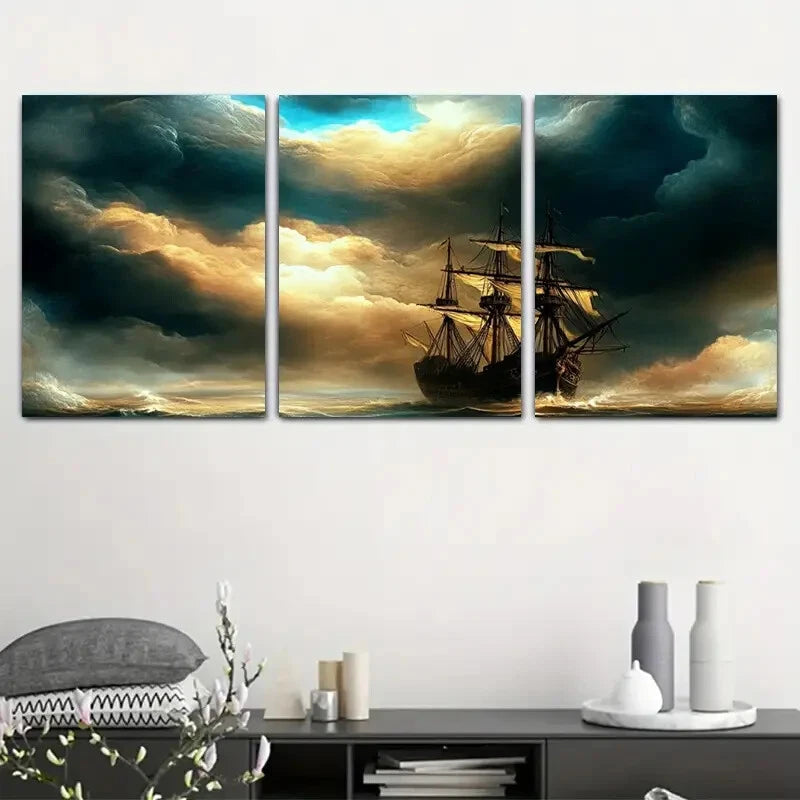 3pcs Majestic Sailing Ship At Sea Vibrant Sunset Metal Print Ready to Hang Art