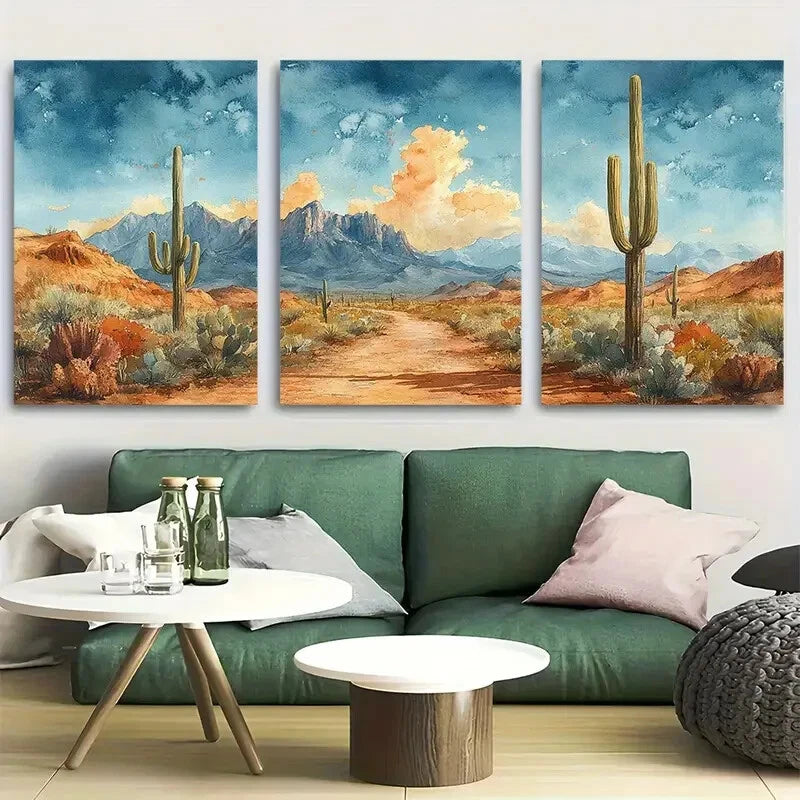 3pcs Arizona Desert Path with Cacti & Mountains Metal Print Ready to Hang Art