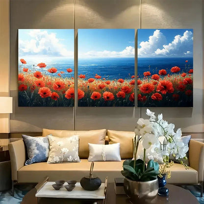 3pcs Beautiful Red Poppy Flowers Field with Ocean Metal Print Ready to Hang Art