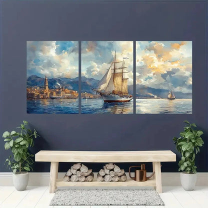 3pcs Watercolor Cityscape with Sailboats Metal Print Ready to Hang Art