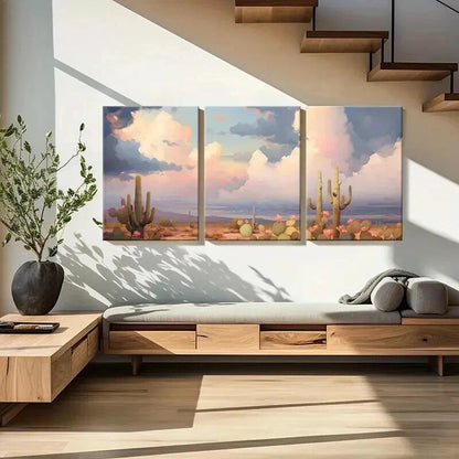 3pcs Desert Landscape Cactus Plants & Cloudy Sky Wall Art Set Canvas Framed 40x60cm - High Quality Print 100% Australian Made Wall Canvas Ready to Hang
