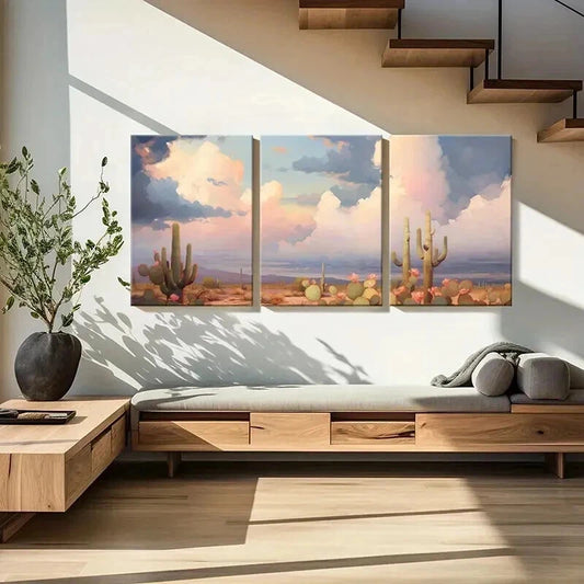 3pcs Desert Landscape Cactus Plants & Cloudy Sky Wall Art Set Canvas Framed 40x60cm - High Quality Print 100% Australian Made Wall Canvas Ready to Hang