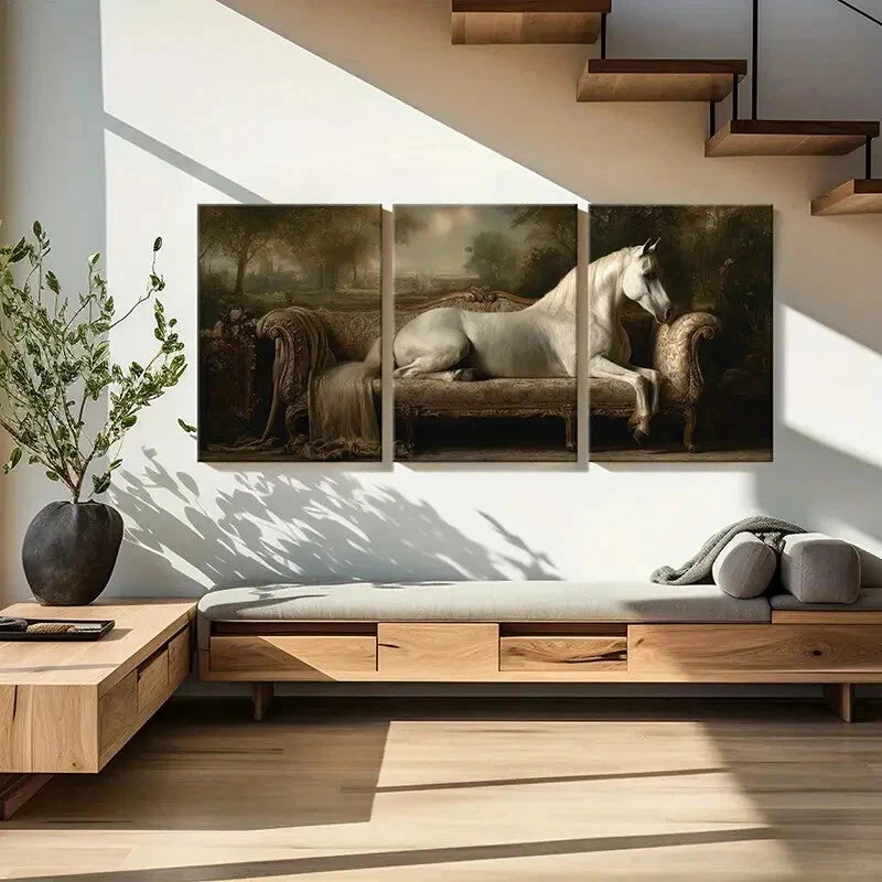 3pcs Elegant Vintage White Horse On Ornate Sofa Metal Print Ready to Hang Art