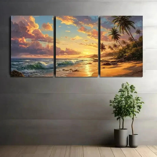 3pcs Tropical Beach Sunset with Palm Trees Metal Print Ready to Hang Art