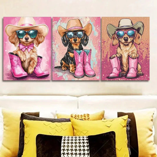 3pcs Cute Dachshund Puppy Painting Metal Print Ready to Hang Art