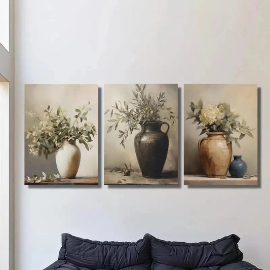 3pcs Painting of Still Life Vases and Branches Metal Print Ready to Hang Art
