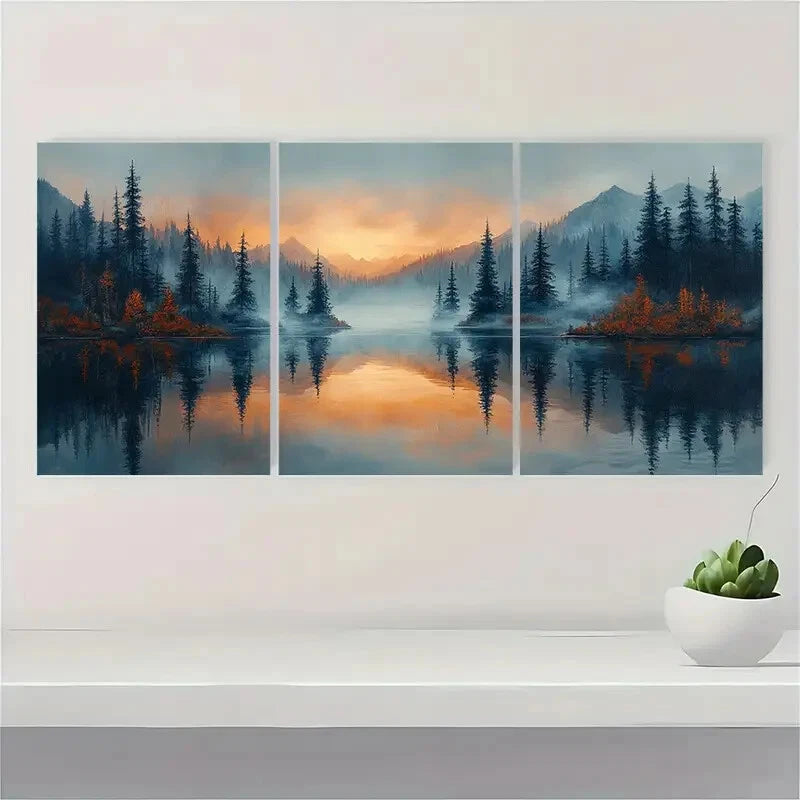 3pcs Misty Forest Reflection Landscape Tranquil Metal Print Ready to Hang Art