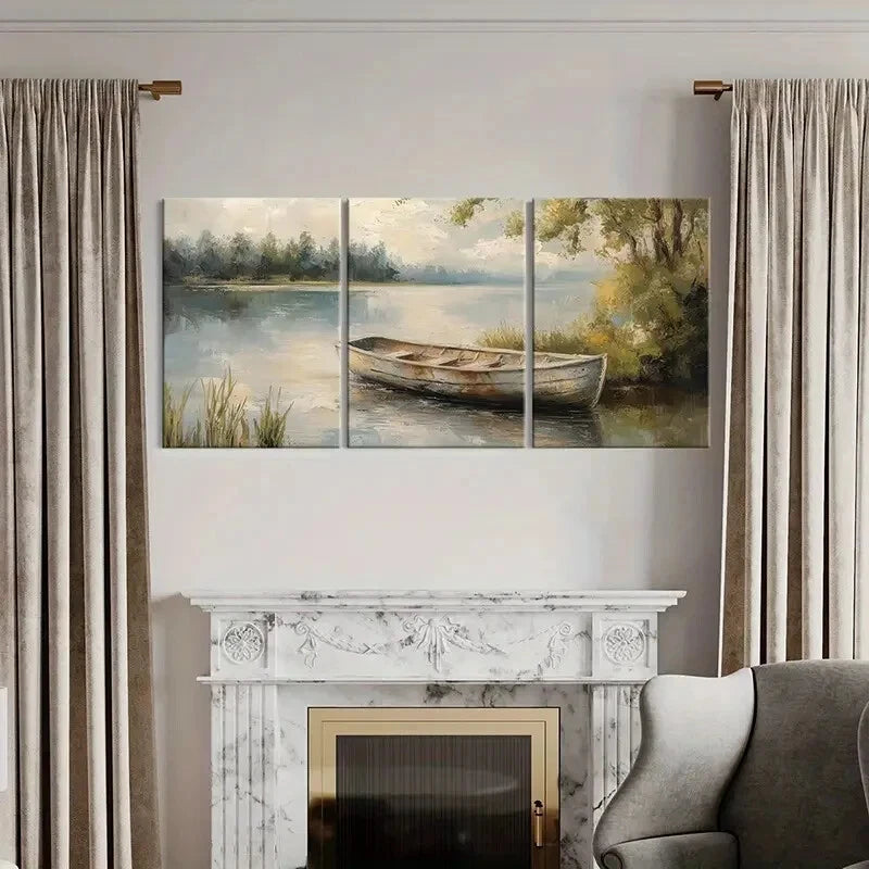 3pcs Rustic Rowboat Serene Lake Soft Light Metal Print Ready to Hang Art