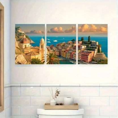 3pcs Vibrant Beach & Yacht Scene with Orange Roofs Metal Print Ready to Hang Art