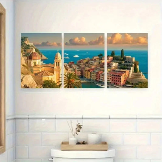 3pcs Vibrant Beach & Yacht Scene with Orange Roofs Metal Print Ready to Hang Art