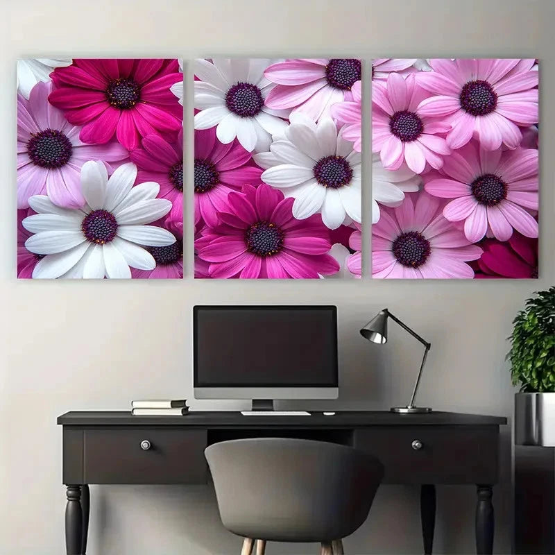 3pcs Magenta Pink White Garden Flowers Metal Print Ready to Hang Art