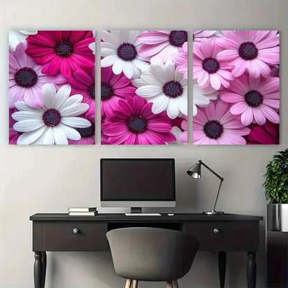3pcs Magenta Pink White Garden Flowers Metal Print Ready to Hang Art