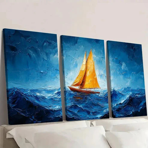 3pcs Vibrant Blue Seascape with Orange SF Wall Art Set Canvas Unframed - High Quality Print 100% Australian Made Wall Canvas
