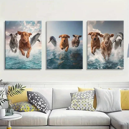 3pcs Funny Animals Dogs Cows and Dolphins Jumping Metal Print Ready to Hang Art