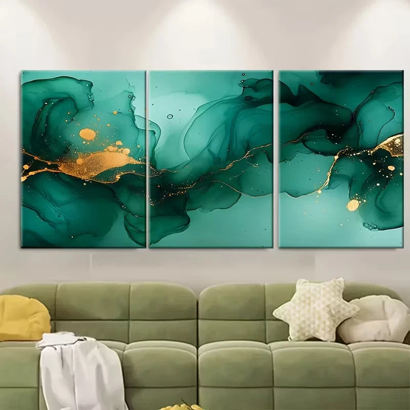 3pcs Shades Of Jade Green Free Flowing Alcohol Metal Print Ready to Hang Art