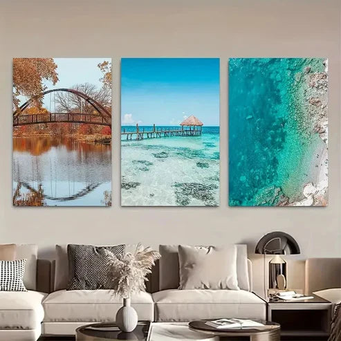 3pcs Rustic Bridge & Autumn Trees Wall Art Set Canvas Unframed - High Quality Print 100% Australian Made Wall Canvas