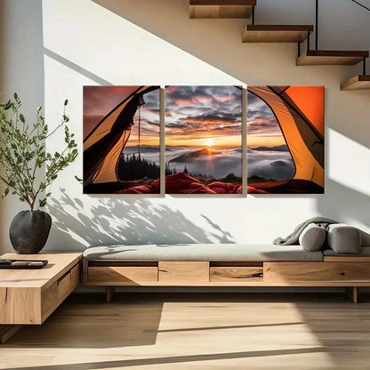 3pcs Tent View Mountain Range Painting Metal Print Ready to Hang Art