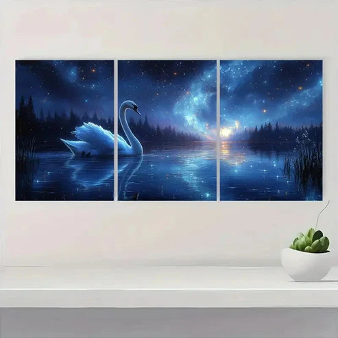 3pcs Aurora Borealis Magical Swan & Northern Wall Art Set Canvas Unframed - High Quality Print 100% Australian Made Wall Canvas