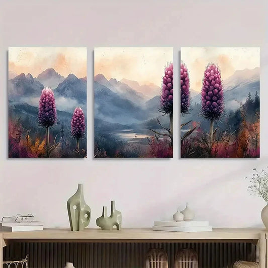 3pcs Watercolor Thistle & Mountain Scene Metal Print Ready to Hang Art