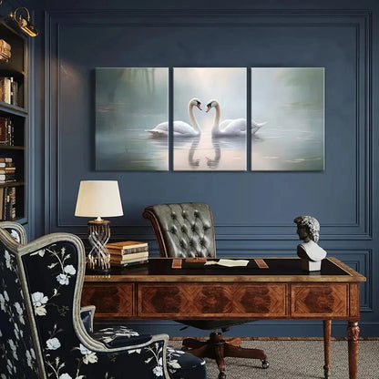 3pcs Elegant Swans Serene Lake Soft Light Metal Print Ready to Hang Art