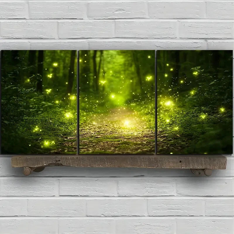 3pcs Fireflies in the Forest Greenery Metal Print Ready to Hang Art