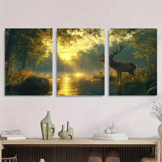 3pcs Vintage Green Foggy Forest Deer Metal Print Ready to Hang Art