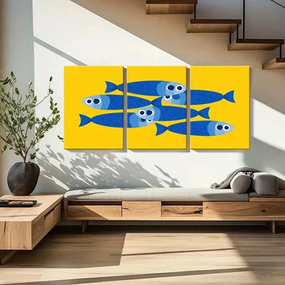 3pcs Modern Blue Fish Vibrant Yellow Background Metal Print Ready to Hang Art