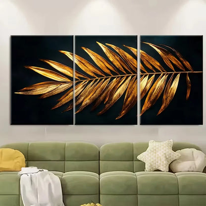 3pcs , Elegant Dark Golden Palm Leaf Metal Print Ready to Hang Art