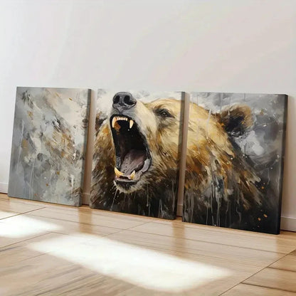3pcs Artistic Bear Roar  Canvas Framed 50x70cm - High Quality Print 100% Australian Made Wall Canvas Ready to Hang