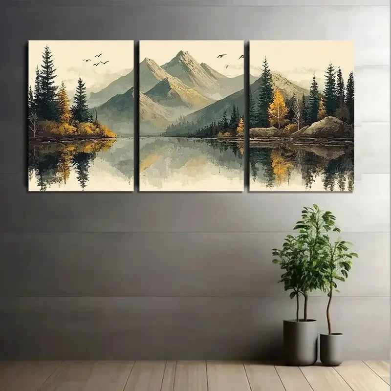 3pcs Autumn Winter Landscape with Mountains Metal Print Ready to Hang Art