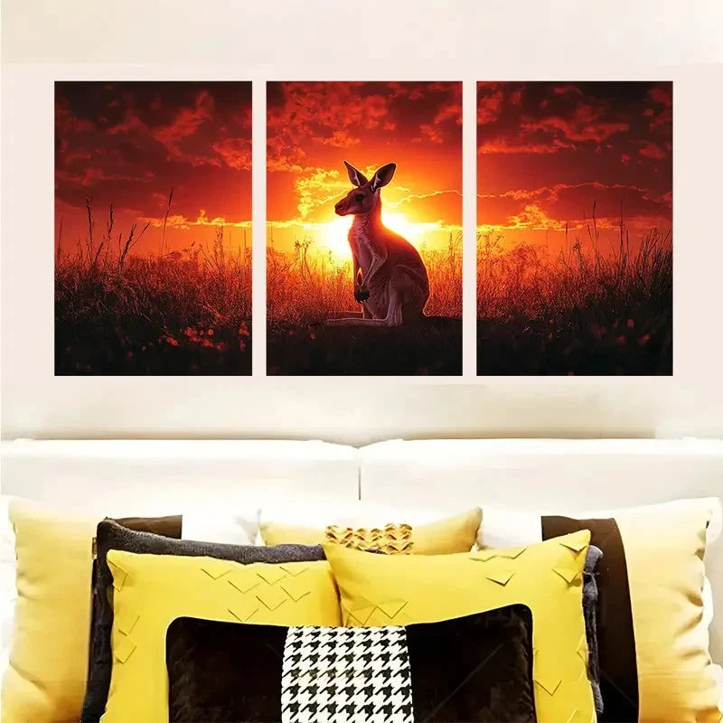 3pcs Kangaroo Silhouette Sunset Australian Wall Art Set Canvas Framed 40x60cm - High Quality Print 100% Australian Made Wall Canvas Ready to Hang