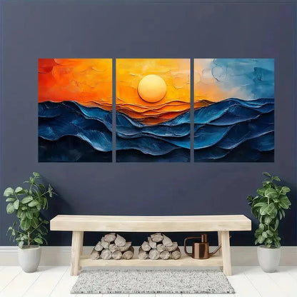 3pcs Vibrant Blue & Orange Ocean Waves Oil Impasto Metal Print Ready to Hang Art