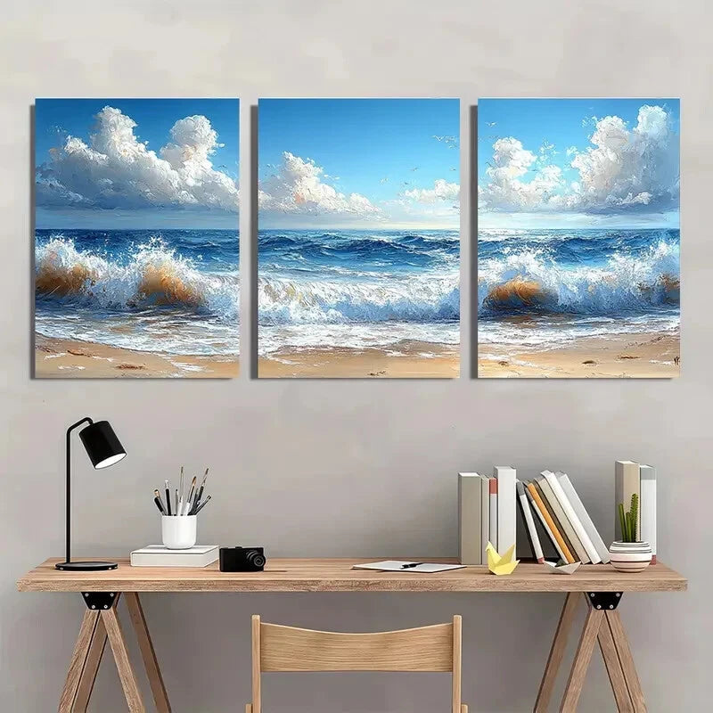 3pcs Beach Ocean Wave Seascape Oil Painting Metal Print Ready to Hang Art