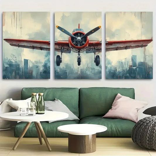 3pcs Vintage Biplane Cool Airplane Metal Print Ready to Hang Art
