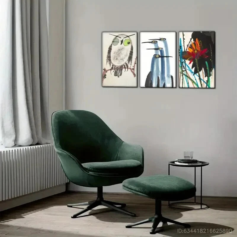 3pcs One- Eyed Owl Antique Crane Watercolor Paint Metal Print Ready to Hang Art